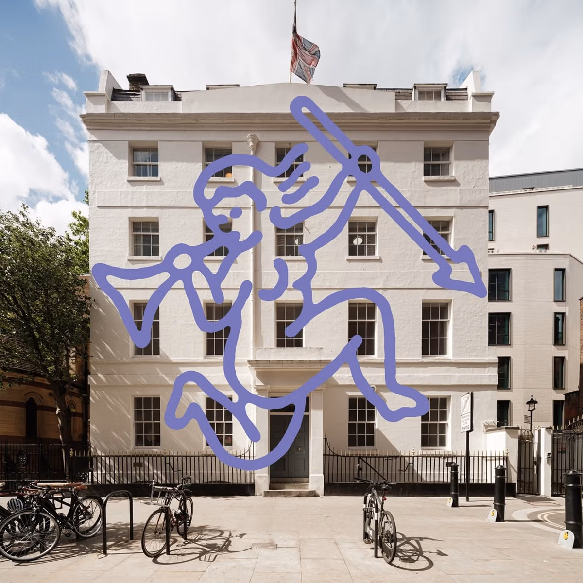 A rectangular white building against a blue sky, iwth a figure of an angel drawn over in purple.